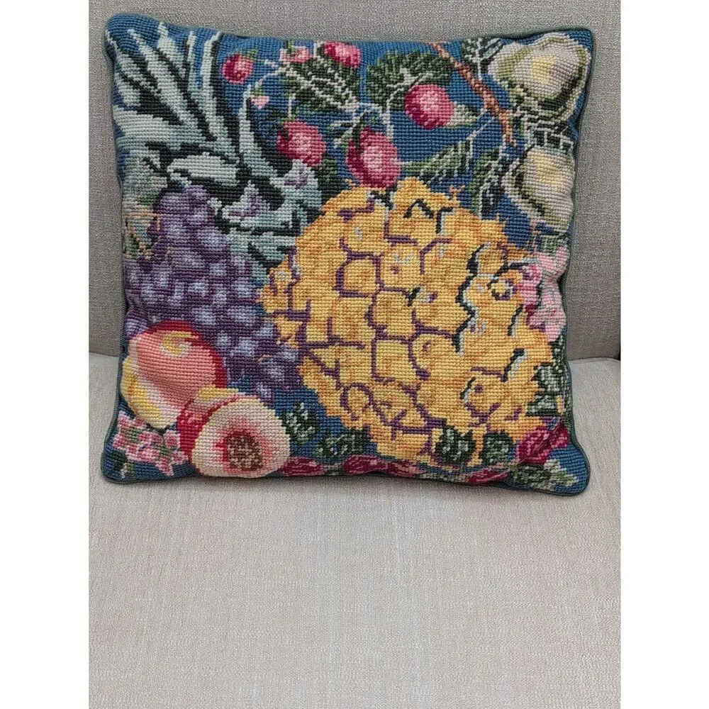 Handmade Fruit Needlepoint Pillow - Blue Background Yellow Pineapple Vintage